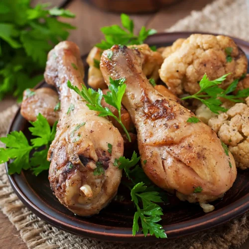 Pilons de poulet servis avec des choux-fleurs décorés par quelques feuilles de coriandre