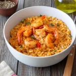 Bol de risotto aux crevettes et champignons
