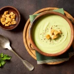 Bol de soupe de brocoli et courgette avec des croutons de pain