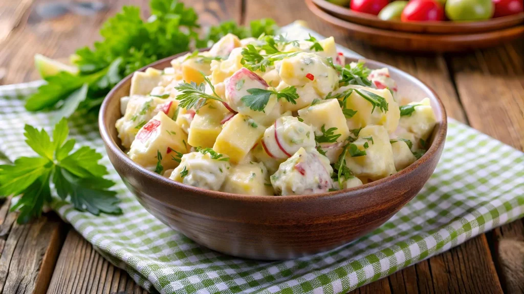 Bol de salade de pommes de terre à la moutarde