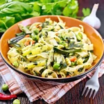 Assiette de tagliatelles aux légumes verts